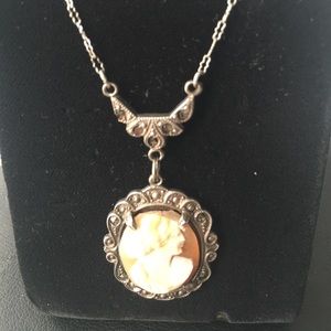 Antique sterling silver marcasite cameo necklace